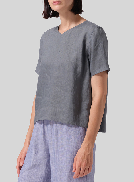 Linen Regular Fit V-Neck Short Top