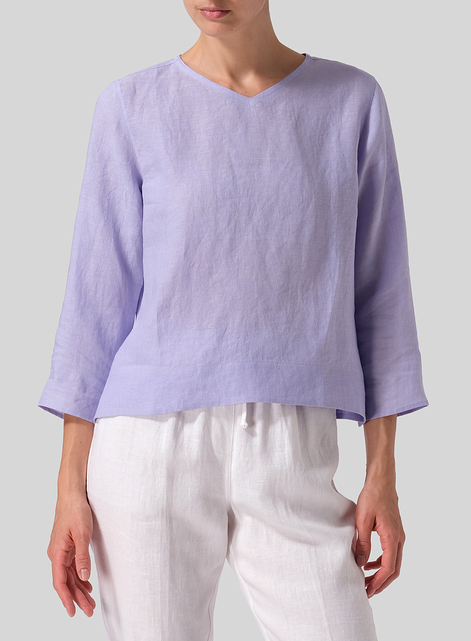 Linen Three-quarter Sleeve V-Neck Blouse