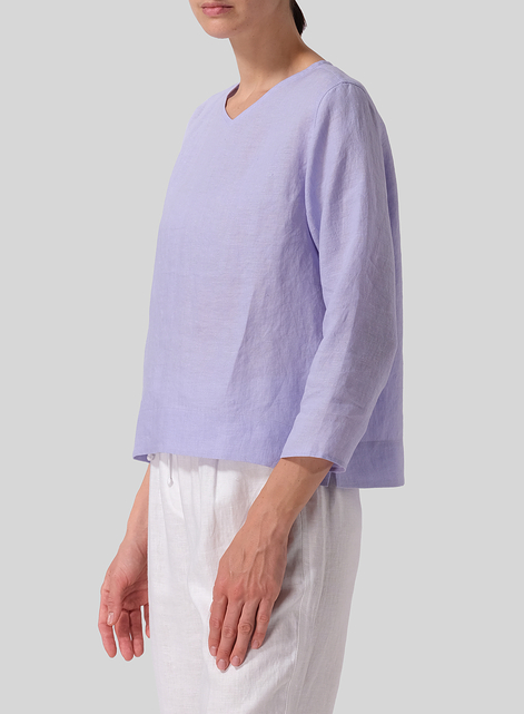 Linen Three-quarter Sleeve V-Neck Blouse