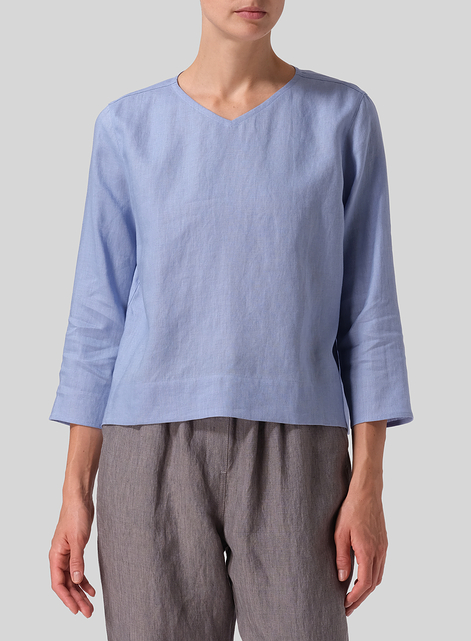 Linen Three-quarter Sleeve V-Neck Blouse