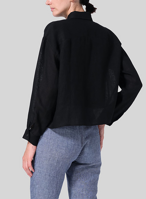 Linen Sloped Shoulder Wide Boxes with Collar Cropped Shirt