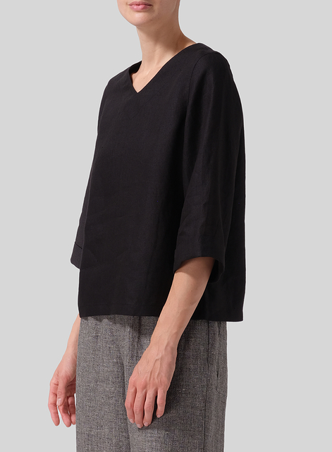 Linen Wide Sleeves V-Neckline Blouse