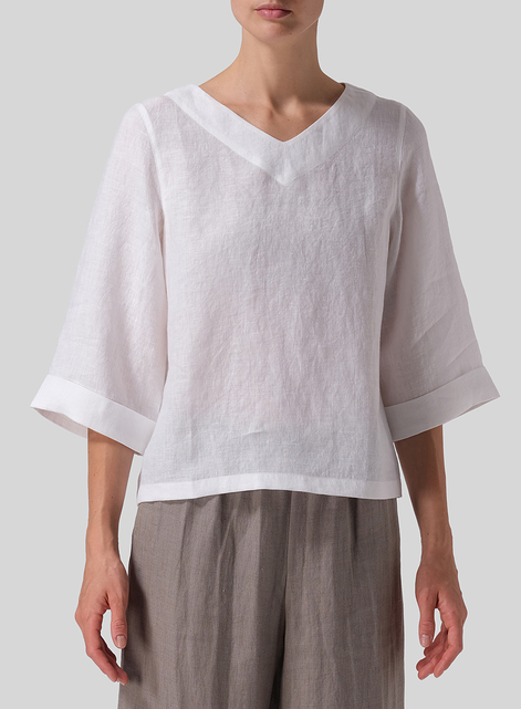 Linen Wide Sleeves V-Neckline Blouse