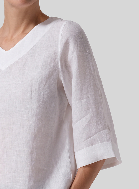 Linen Wide Sleeves V-Neckline Blouse