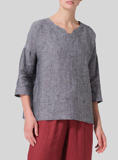 Linen Notch Square Neckline Dropped Shoulder Top