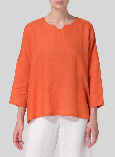 Linen Notch Square Neckline Dropped Shoulder Top