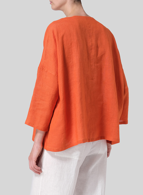 Linen Notch Square Neckline Dropped Shoulder Top