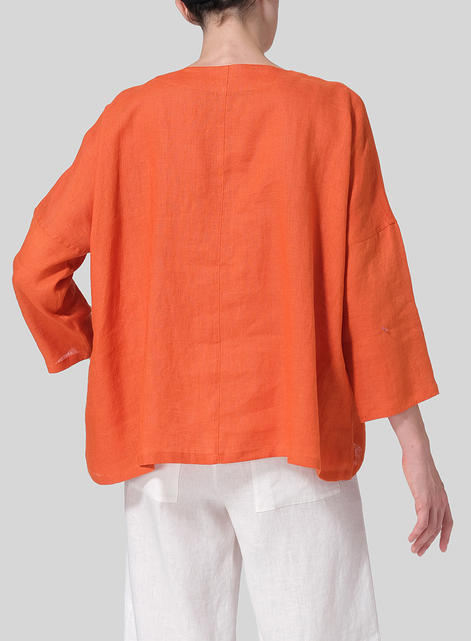 Linen Notch Square Neckline Dropped Shoulder Top