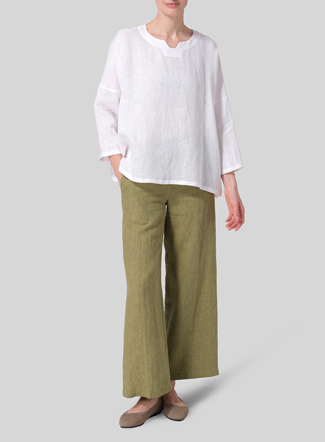 Linen Notch Square Neckline Dropped Shoulder Top