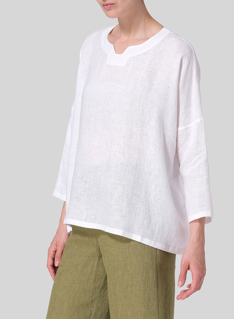 Linen Notch Square Neckline Dropped Shoulder Top