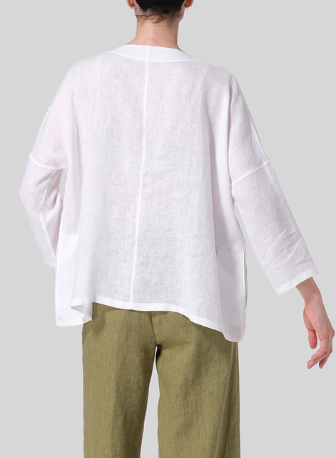 Linen Notch Square Neckline Dropped Shoulder Top