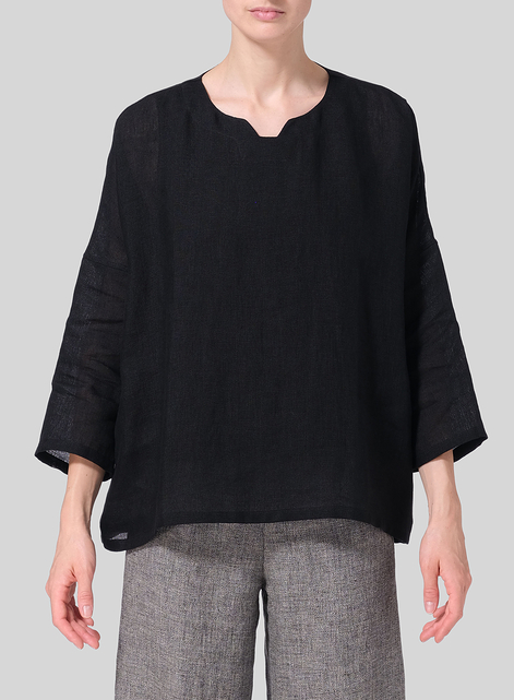 Linen Notch Square Neckline Dropped Shoulder Top