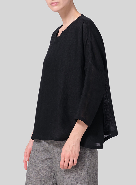 Linen Notch Square Neckline Dropped Shoulder Top