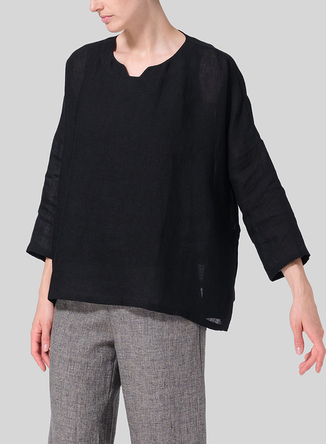 Linen Notch Square Neckline Dropped Shoulder Top