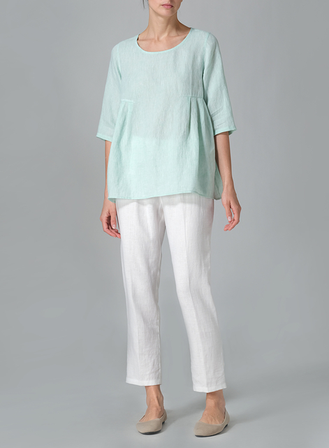 Linen Dropped Shoulder Pleated Box Top