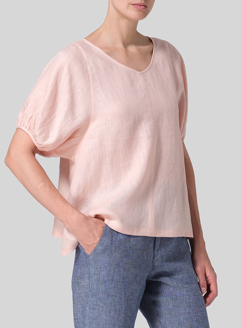 Linen Drawstring Cuffs Short Sleeve Top