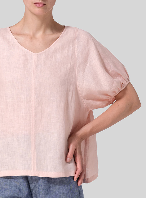 Linen Drawstring Cuffs Short Sleeve Top