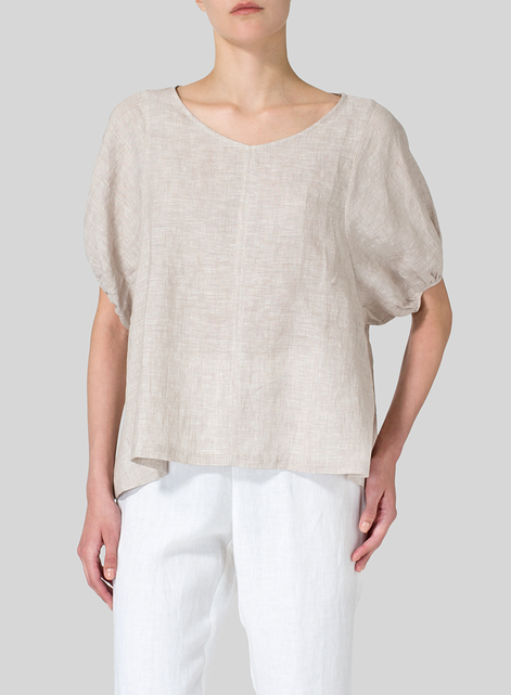 Linen Drawstring Cuffs Short Sleeve Top