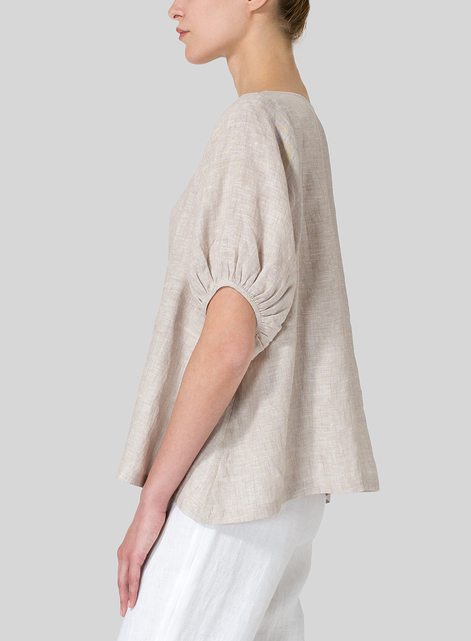 Linen Drawstring Cuffs Short Sleeve Top