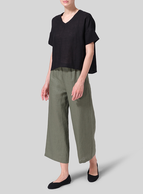 Linen Sloped Shoulder Wide Boxy V-neck Top