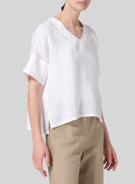 Linen Sloped Shoulder Wide Boxy V-neck Top