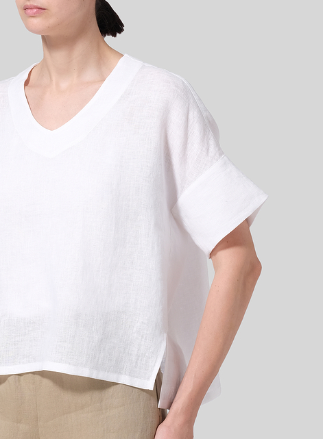 Linen Sloped Shoulder Wide Boxy V-neck Top