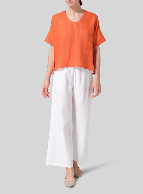 Linen Sloped Shoulder Wide Boxy V-neck Top