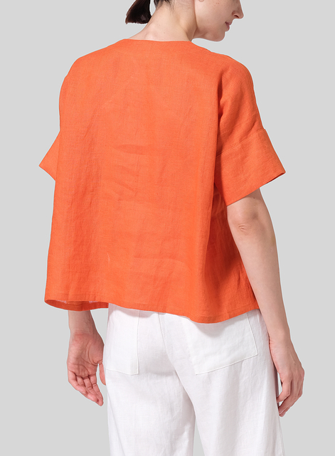 Linen Sloped Shoulder Wide Boxy V-neck Top