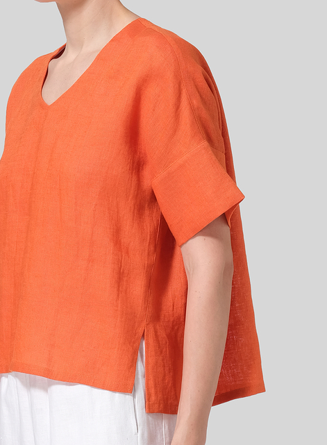 Linen Sloped Shoulder Wide Boxy V-neck Top