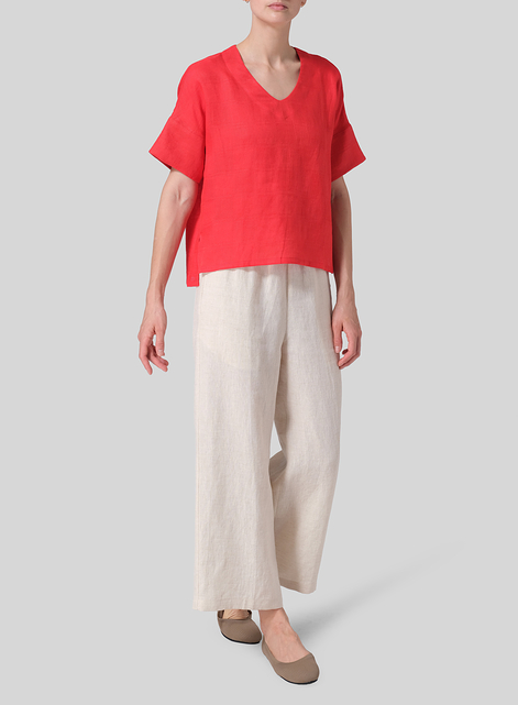 Linen Sloped Shoulder Wide Boxy V-neck Top