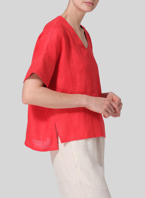 Linen Sloped Shoulder Wide Boxy V-neck Top