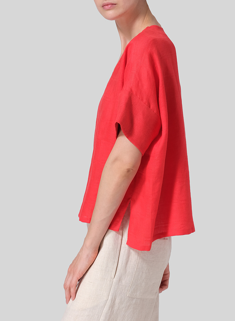 Linen Sloped Shoulder Wide Boxy V-neck Top