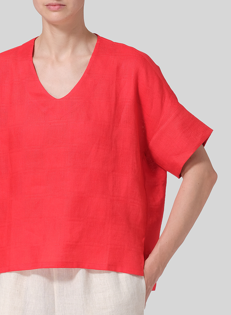 Linen Sloped Shoulder Wide Boxy V-neck Top