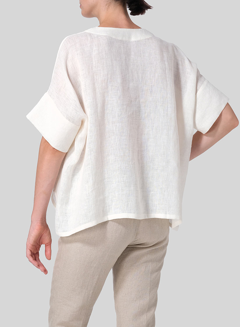 Linen Sloped Shoulder Wide Boxy V-neck Top