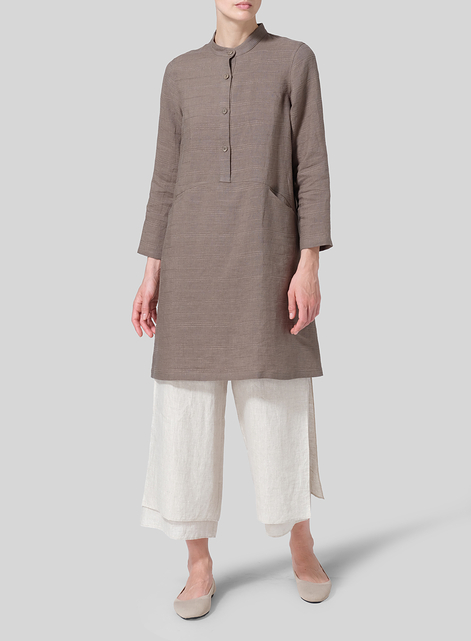 Linen Mandarin Collar A-line Smock Long