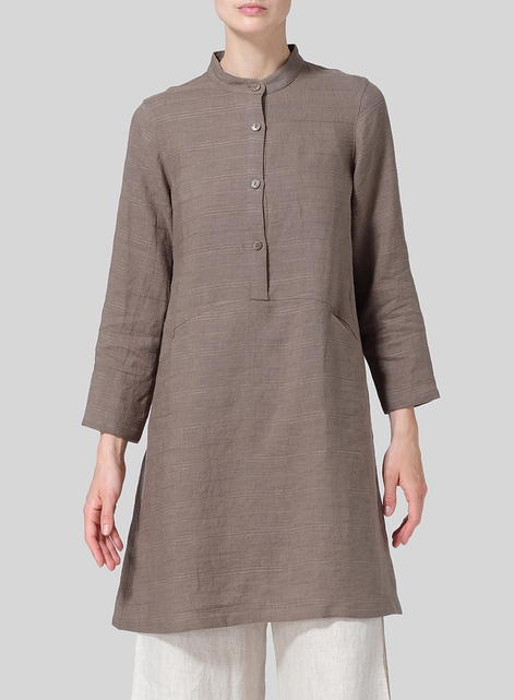 Linen Mandarin Collar A-line Smock Long