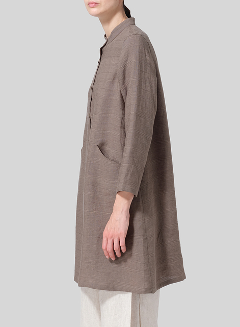 Linen Mandarin Collar A-line Smock Long