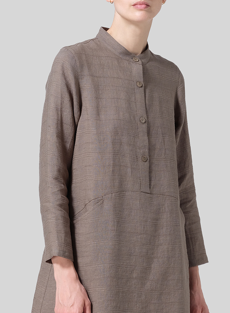 Linen Mandarin Collar A-line Smock Long