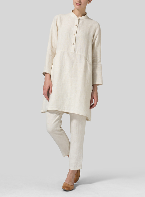 Linen Mandarin Collar A-line Smock Long