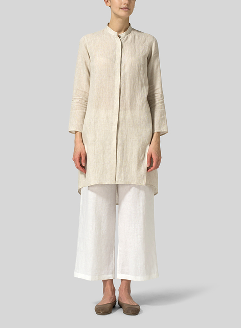 Linen Shirt Dress with Mandarin Collar