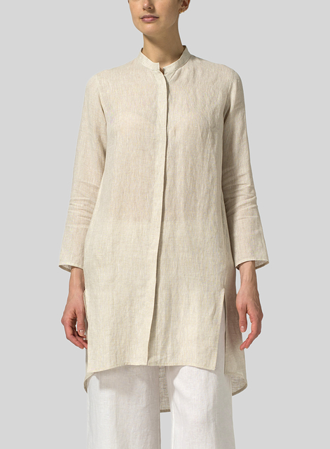 Linen Shirt Dress with Mandarin Collar