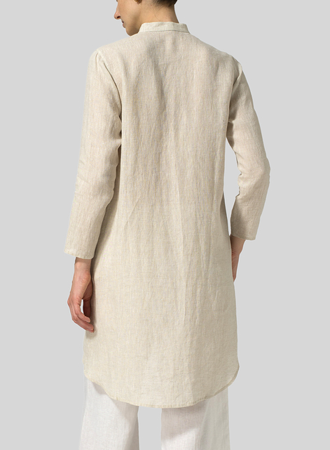 Linen Shirt Dress with Mandarin Collar