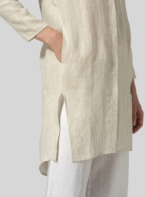 Linen Shirt Dress with Mandarin Collar