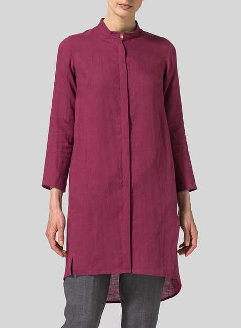 Linen Shirt Dress with Mandarin Collar