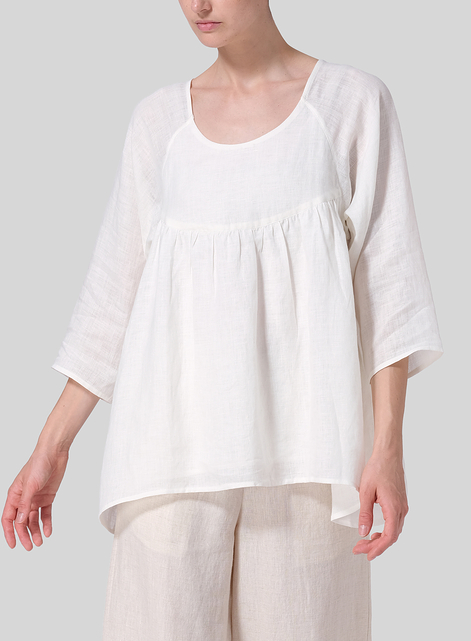 Linen Regular Deep Round-Neck Blouse