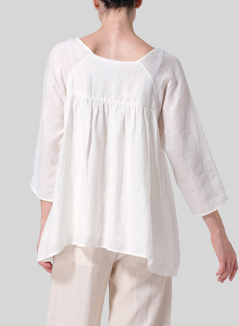 Linen Regular Deep Round-Neck Blouse