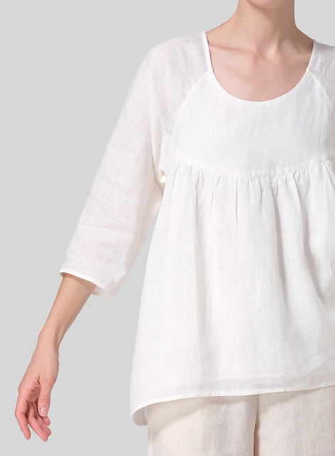 Linen Regular Deep Round-Neck Blouse