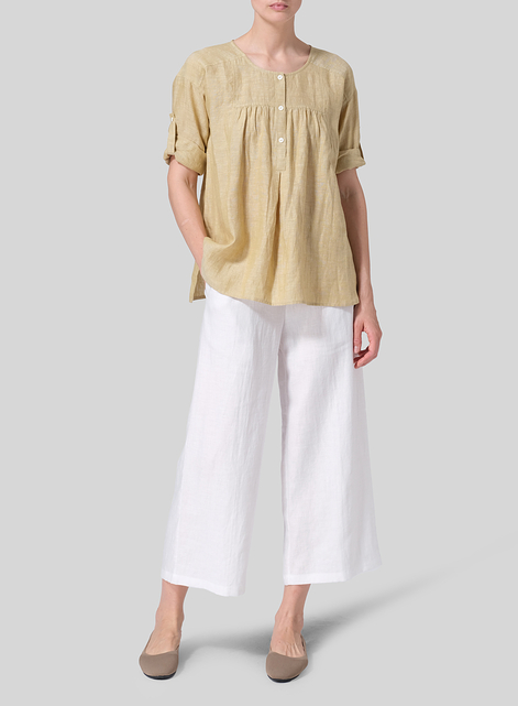 Linen Loose Fit Roll-Tab Sleeve Pleated Blouse