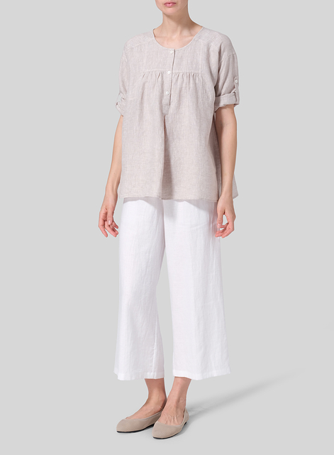 Linen Loose Fit Roll-Tab Sleeve Pleated Blouse