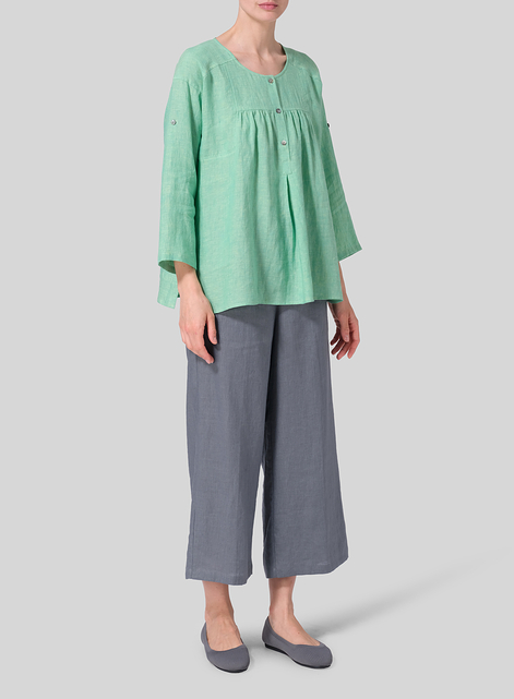 Linen Loose Fit Roll-Tab Sleeve Pleated Blouse